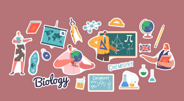 Set of Stickers Teachers Stand at Blackboard. Tutors Teach Biology, Chemistry, Geography, Geometry and English Language vector art illustration