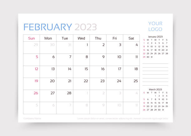 kalender für februar 2023 jahr. desk monatsplaner-vorlage. vektorillustration. - calendar february desk computer stock-grafiken, -clipart, -cartoons und -symbole