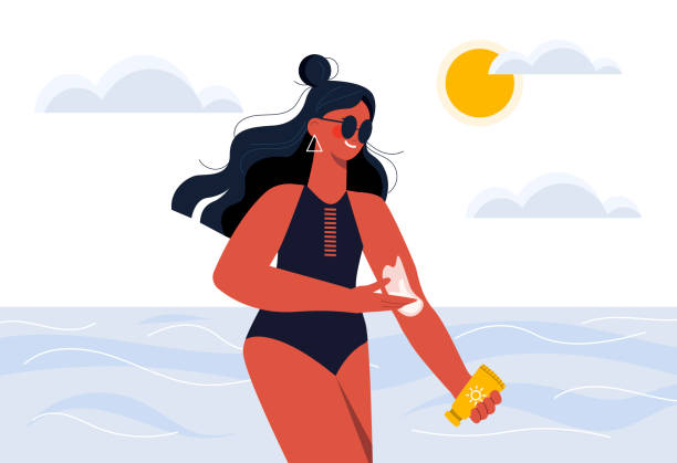 illustrazioni stock, clip art, cartoni animati e icone di tendenza di ragazza sulla spiaggia - sun protection