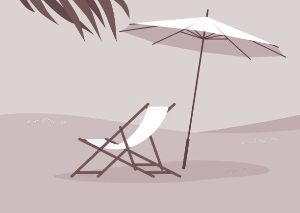 illustrations, cliparts, dessins animés et icônes de une plage paradisiaque avec une chaise longue en bois et un morceau de tissu, un parasol et un cocotier, style de vie estival en plein air - beach tropical climate palm tree deck chair