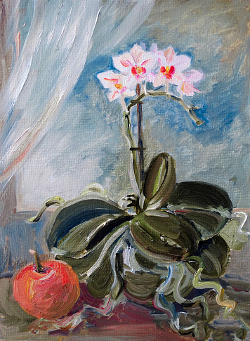 blooming orchid and apple on the table, oil painting. High quality illustration