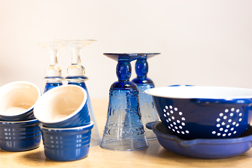 Blue Bowls, Blue Wine Glasses, Blue Pans