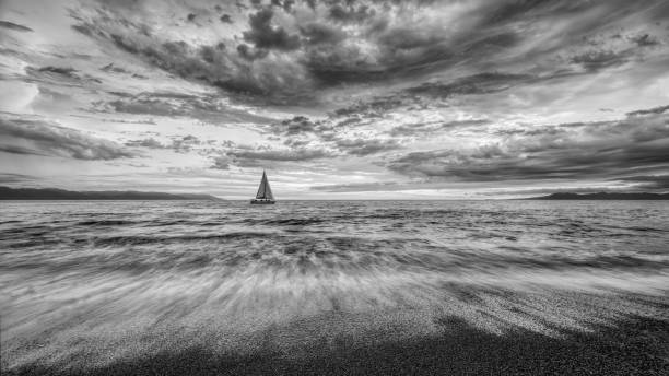 Sunset Sailboat Landscape Ocean Clouds Black And White 16.9