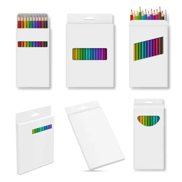Vector illustration of Cases for pencils. Cardboard package for colored pencils geometrical boxes decent vector illustration in realistic style