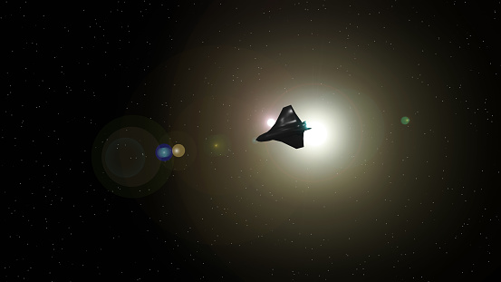 A space ship silhouette is transiting twin sun with star field in background (3D Rendering)