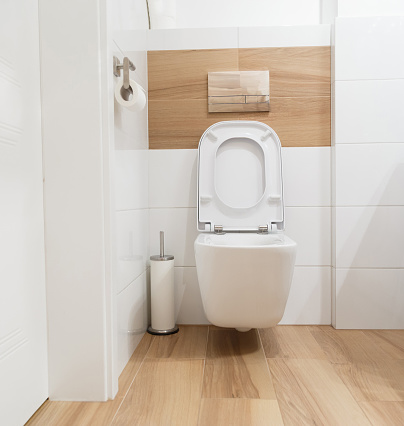 Toilet bowl, open door, profile drawn white toilet in bathroom covered with white walls, wooden covered toilet.