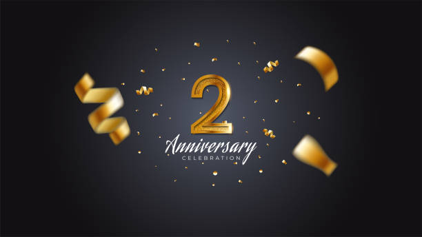 istock 2nd anniversary celebration Gold numbers with dotted halftone, shadow and sparkling confetti. modern elegant design with black background. for wedding party event decoration. Editable vector EPS 10 1405719805