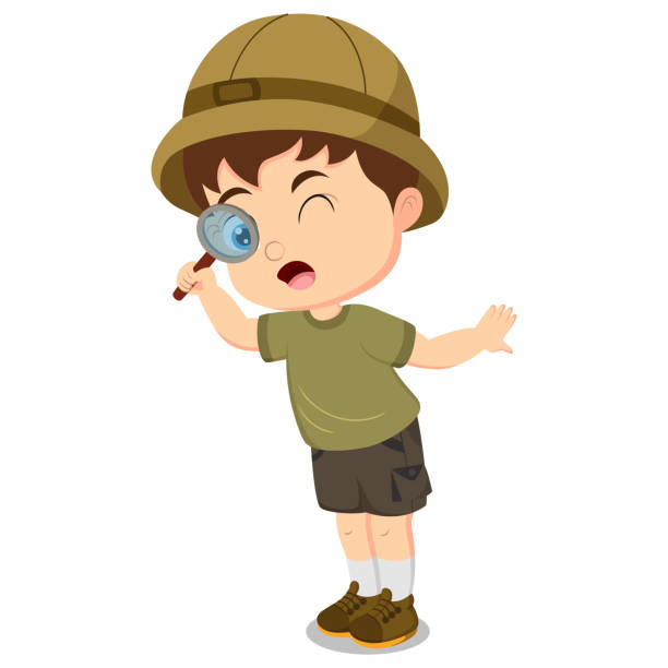 illustrazioni stock, clip art, cartoni animati e icone di tendenza di simpatico ragazzo esploratore usando una lente d'ingrandimento - paleontologo
