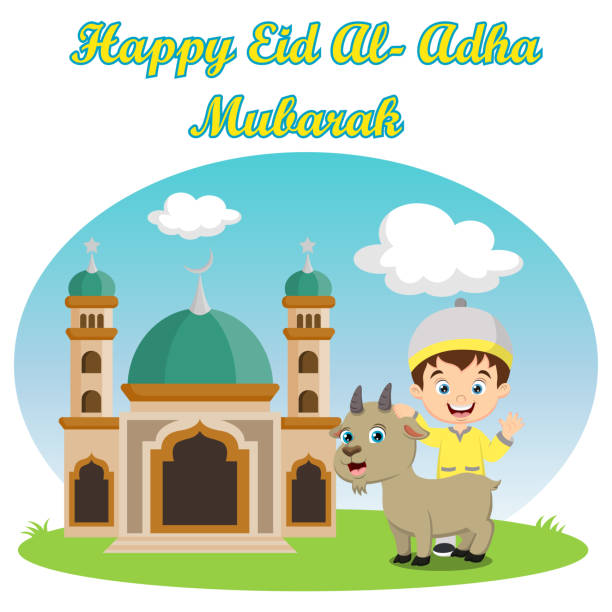 illustrazioni stock, clip art, cartoni animati e icone di tendenza di simpatico ragazzo musulmano cartone animato che celebra eid al adha con capra sullo sfondo della moschea - saudi arabia child ramadan offspring