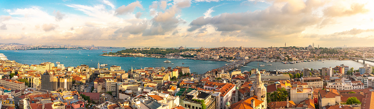 Panoramic view of Istanbul with Golden Horn strait at sunset