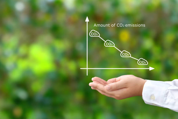 自然な緑色の背景に下向きのco2排出量グラフをカバーする子供の手 - 環境保護主義者 ストックフォトと画像