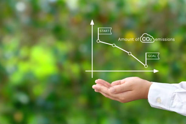 istock Child's hands covering downward CO2 emissions graph on natural green background 1405723208