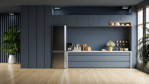 design degli interni della cucina in stile moderno con parete blu scuro. - fornello foto e immagini stock