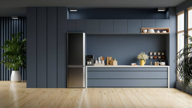 modern style kitchen interior design with dark blue wall. - elegance luxury simplicity household equipment imagens e fotografias de stock