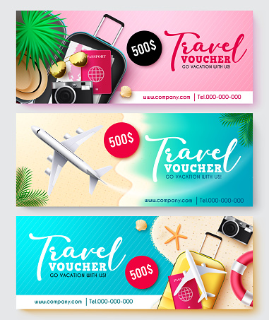 Travel voucher vector banner set. Travel voucher text collection in discount coupon design with worldwide tourist vacation elements for travelling trip coupon. Vector illustration.