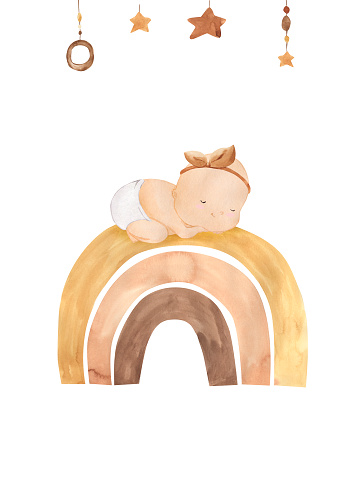 Watercolor sleeping baby on rainbow. Illustration for kids