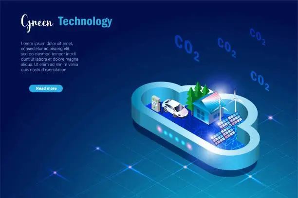 Vector illustration of Green technology. alternative consumption energy house and EV car in cloud sandbox technology  to reduce carbon emissions. For sustainable positive ecology and environment.