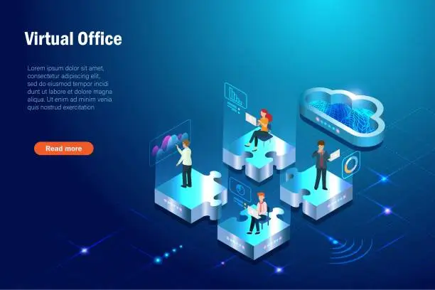 Vector illustration of Virtual office telecommuting, business teamwork, partnership and collaboration. Business team working on jigsaw puzzles to complete success project via cloud computing on wireless technology.