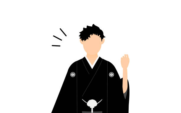 A man in kimono, wearing a crested hakama, strike a pose of guts A man in kimono, wearing a crested hakama, strike a pose of guts black family reunion stock illustrations