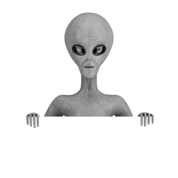 istock Scary Gray Humanoid Alien with Blank Presentation or Information Board. 3d Rendering 1405734340