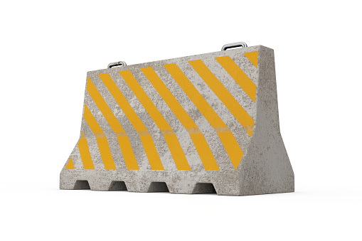 Road Concrete Barrier Block with Yellow Strips on a white background. 3d Rendering
