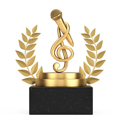 Winner Award Cube Gold Laurel Wreath Podium, Stage or Pedestal with Golden Music Treble Clef and Microphone on a white background. 3d Rendering