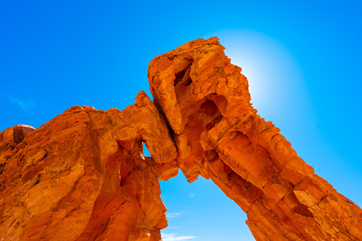 This rock formation in the Valley of Fire is shaped like an elephant. Seen a hot blue sky summer day.