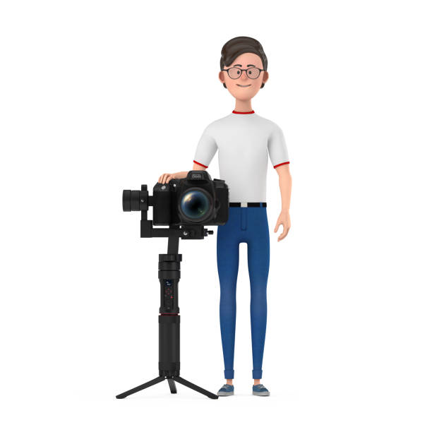istock Cartoon Character Person Man with DSLR or Video Camera Gimbal Stabilization Tripod System. 3d Rendering 1405736799