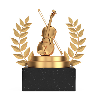 Winner Award Cube Gold Laurel Wreath Podium, Stage or Pedestal with Golden Classic Violin with Bow on a white background. 3d Rendering