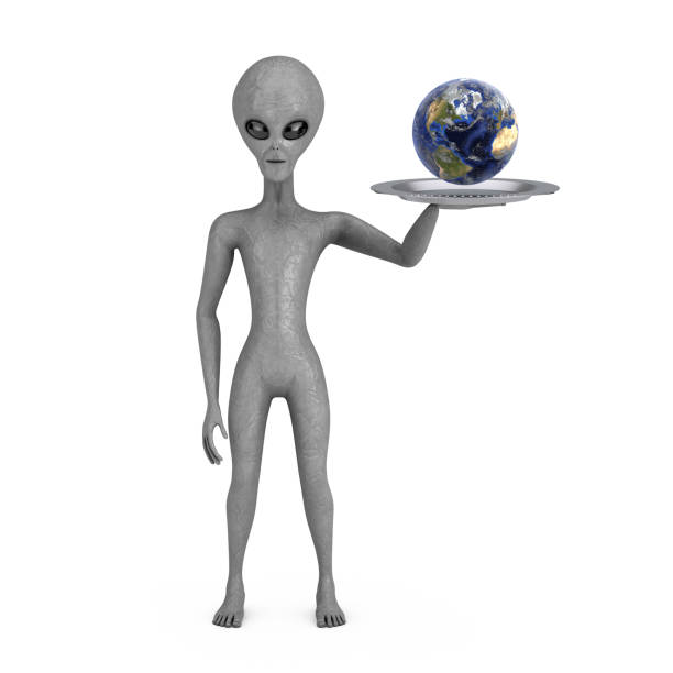 istock Blue Earth Globe Planet over Scary Gray Humanoid Alien Hand with Tray. 3d Rendering 1405736823
