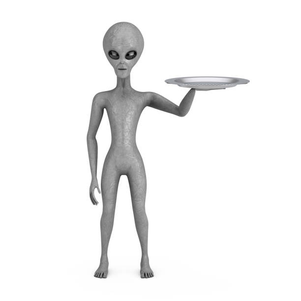 istock Empty Silver Tray in Hand of Scary Gray Humanoid Alien. 3d Rendering 1405736835