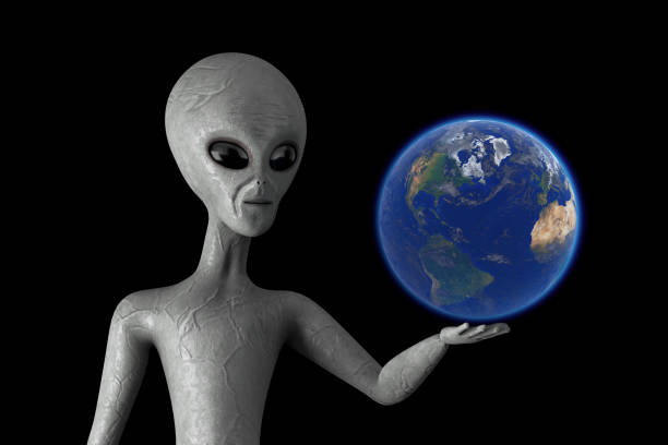 istock Blue Earth Globe Planet over Scary Gray Humanoid Alien Hand. 3d Rendering 1405736853