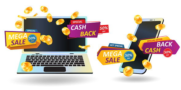 Cash back label. Smartphone and computer with logo offer win. Profitable shopping. Laptop and mobile. Gold coins. Money refund tags. Bonus to customer. Sale promotion flyer. Vector prize banners set