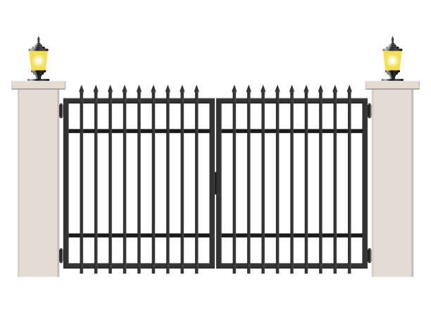 ilustrações, clipart, desenhos animados e ícones de portão de concreto e aço isolado em fundo branco - door old fashioned old closed