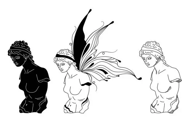 Vector illustration of Mystical Goddess ancient greek statue, vector black white greek bust silhouettes, antique nymph with butterfly wings sculptures, fantasy hand drawn isolated clip art
