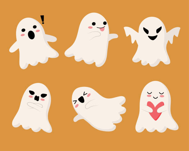 ilustraciones, imágenes clip art, dibujos animados e iconos de stock de personaje fantasma vectorial o mascota en diferentes poses y actividades - fantasma