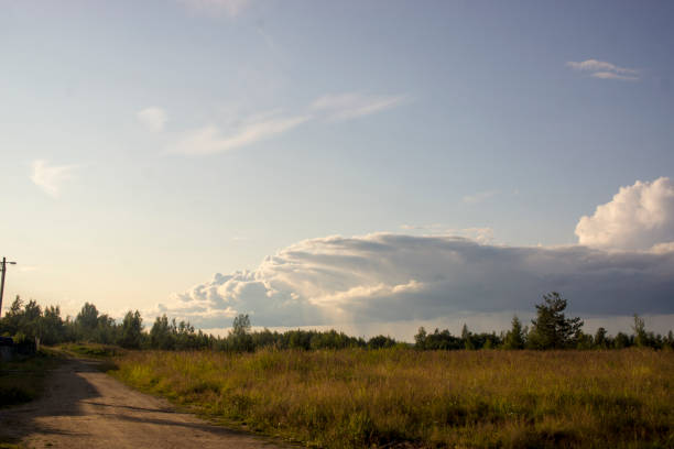 Landscape with dramatic sky and unripe wheat field at rainy summer season. Dirt road with dark storm clouds