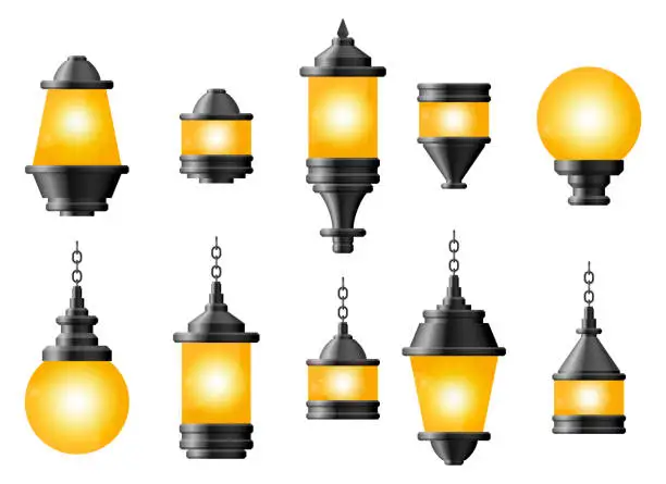 Vector illustration of Set of black realistic street light. Street lamp. Vintage lamp