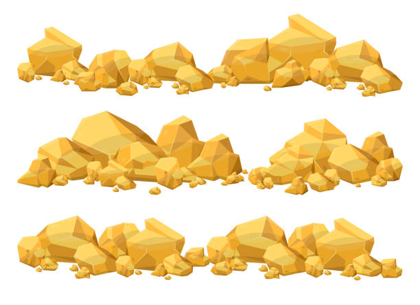 set aus goldenen steinen und felsbrocken im cartoon-stil. goldnuggets. edelsteine. elemente der goldmine - gold edelmetall stock-grafiken, -clipart, -cartoons und -symbole