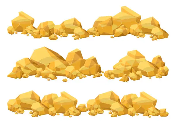 Vector illustration of Set of gold stones and boulders in cartoon style. Gold nuggets. Gemstones. Gold mine elements