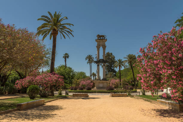 seville, spain-may, 17, 2022: Christopher Columbus monument in Murillo park, Seville, Spain
