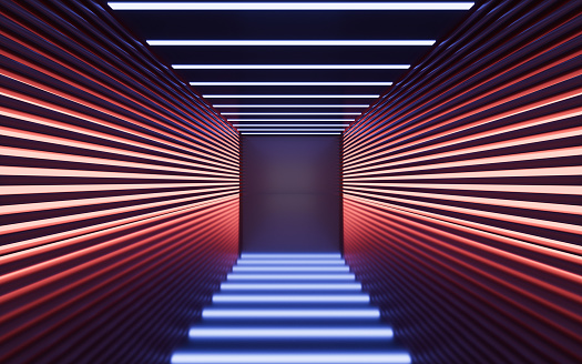 Neon lights and tunnel, 3d rendering. Computer digital drawing.