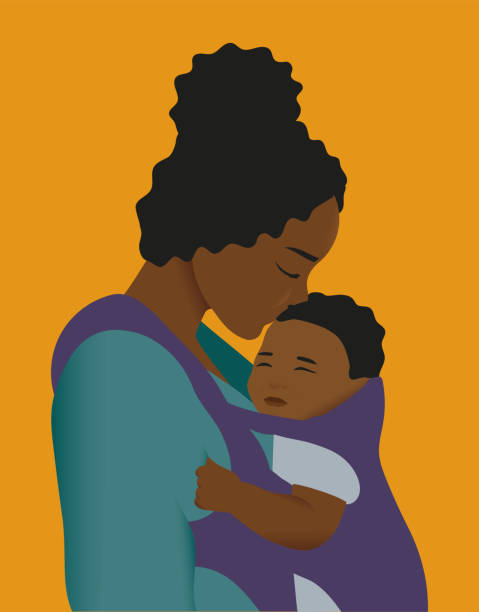 ilustraciones, imágenes clip art, dibujos animados e iconos de stock de hermosa madre babywearing. retrato familiar vectorial de mamá y bebé - madre