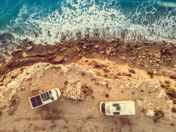 Rv caravans on spanish coast. Aerial view stock photo