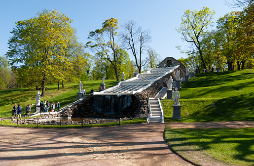 Peterhof, Saint Petersburg, Russia - May 15, 2016: The cascade of fountain structures \