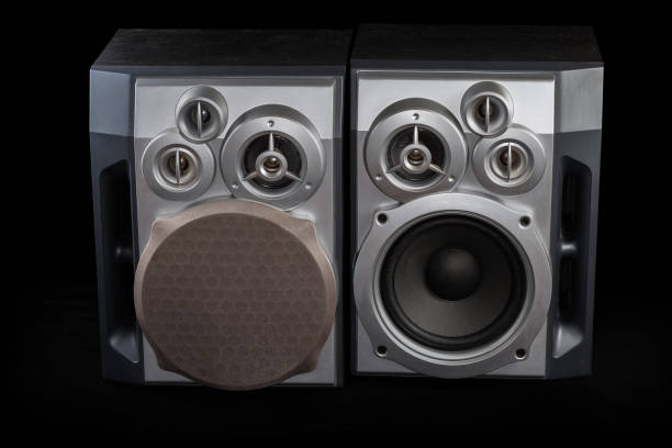 istock Pair of home three-way loudspeaker systems on black background 1405755010