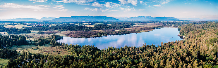 Kirchsee Lake Bavaria. Beautiful Aerial Panorma Shot. European Alps\nSummer Morning\nKloster monastery Reutberg \nTegernsee\nUpper Bavaria