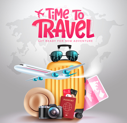 Travel time vector concept design. Time to travel text in map background with luggage, airplane and passport tour elements for fun and enjoy travelling adventure. Vector illustration.