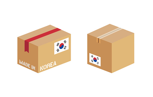 Cardboard packaging with South Korea flag icons, made in Korea box