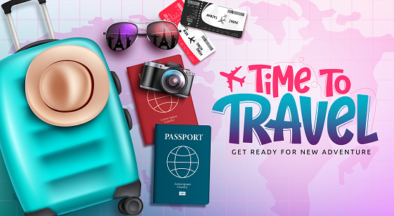 Travel time vector background design. Time to travel text in pink background with luggage bag, passport and ticket travelling elements for fun and adventure trip tour. Vector illustration.